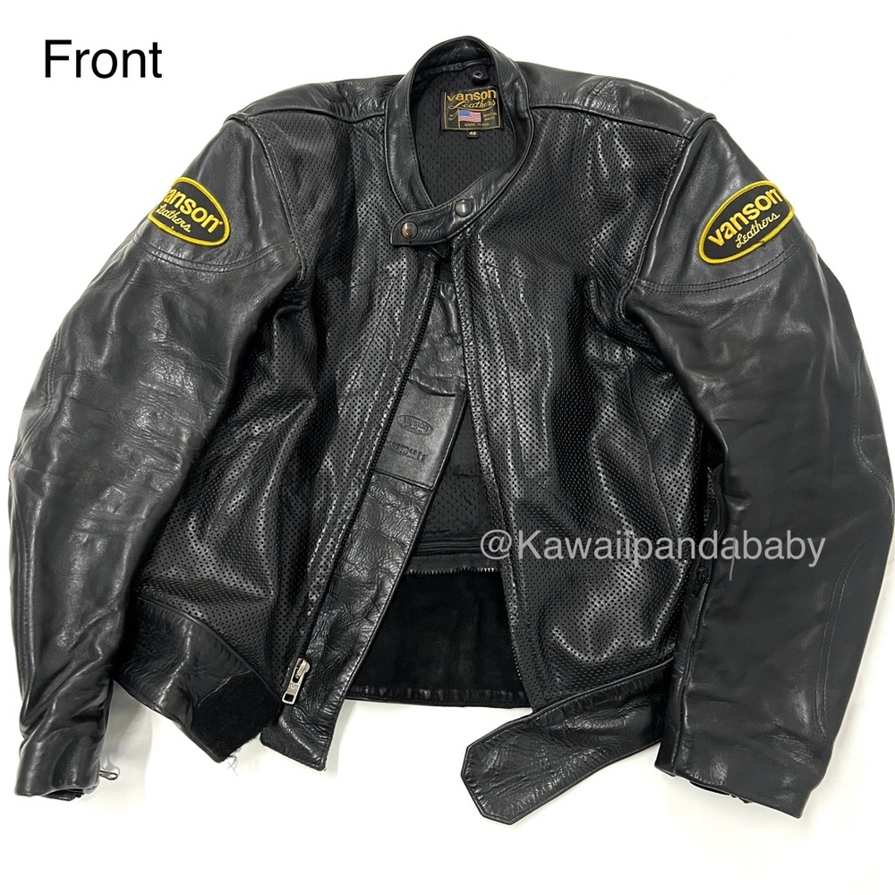 Vintage Vanson Perforated Leather Yellow Patch Motorcycle Jacket USA Mens SZ 48